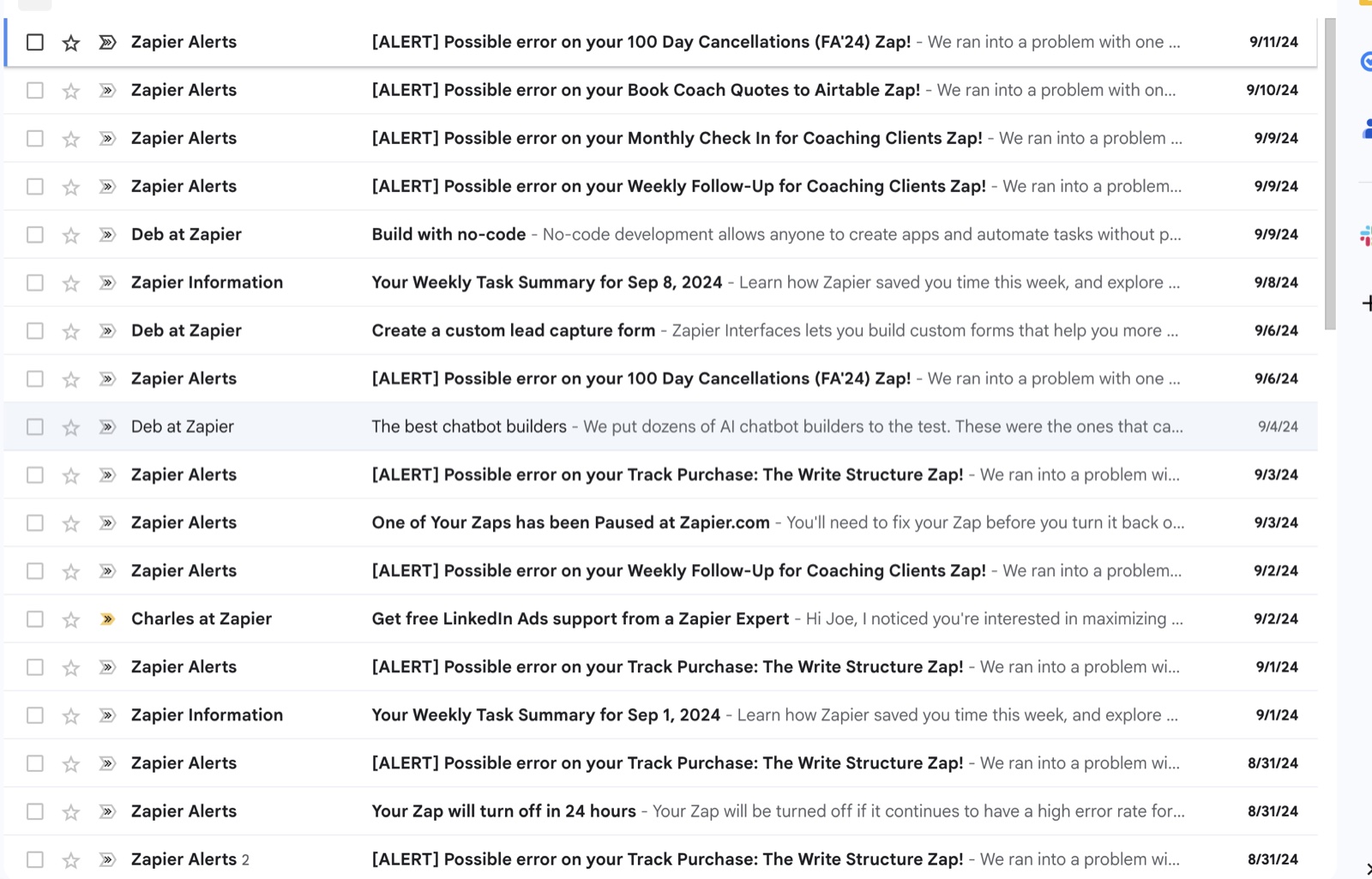 A month of Zapier emails in my inbox: weekly summaries, error alerts, and marketing
