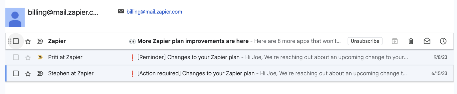 The only two emails Zapier sent about the plan change, in June and September 2023